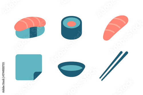 Stylized set of Japanese sushi and dining concept icons