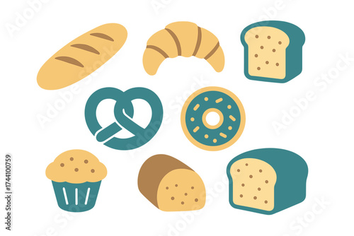 Set of stylized icons representing various popular baked goods and breakfast pastries