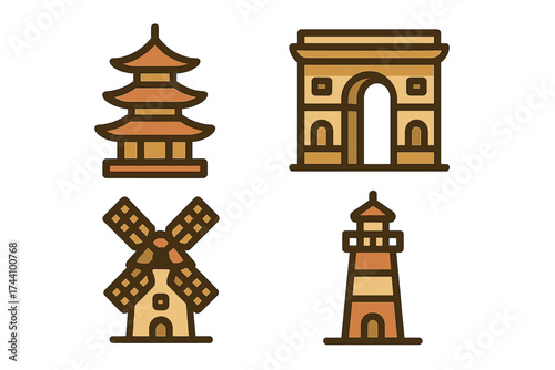 Collection of famous world architectural landmarks icons in warm colors