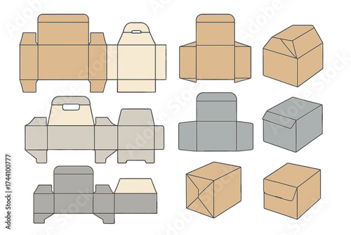 Assortment of cardboard packaging die cuts and assembled box mockups