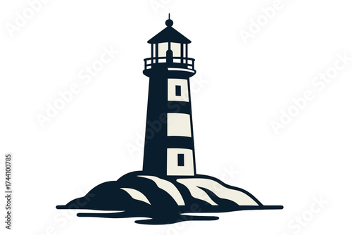 Stylized dark blue lighthouse structure standing on rocky shore silhouette