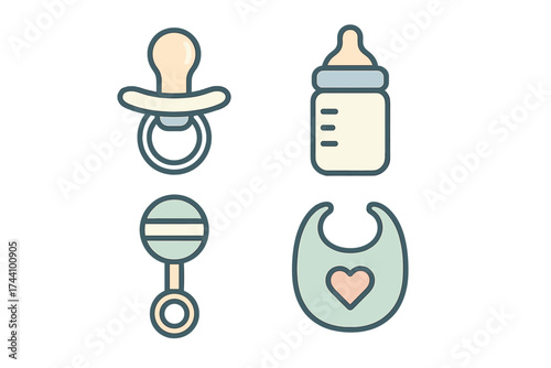 Four essential baby care icons: pacifier, bottle, rattle, and bib