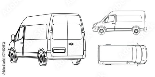 Delivery Van Outline Drawing, Multiple Views Set