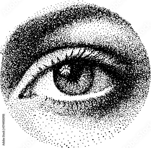 Intricate dotwork stipple art of sacred eye with halftone effect for surreal designs