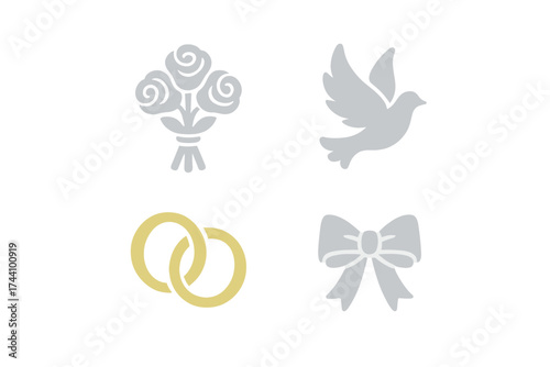 Four simple icons depicting wedding and celebration symbols