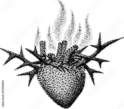 Sacred heart dotwork illustration with thorns and flames - symbolic art for spiritual and inspirational designs