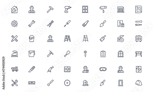 Renovation and repair icon set for home improvement, house restoration, DIY building, construction tools, carpenter equipment, hammer, drill, paint, window, garage, toolbox, budget, maintenance