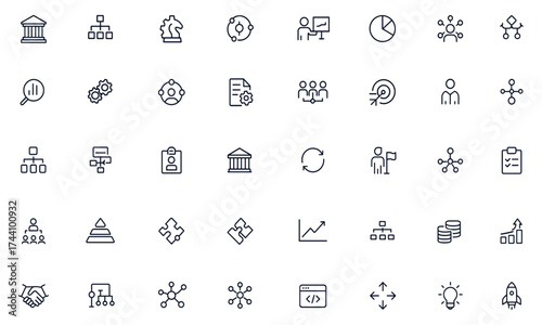 Business architecture line icons set, editable stroke vector illustration for management, corporate planning, enterprise strategy, organization structure, finance, workflow, development