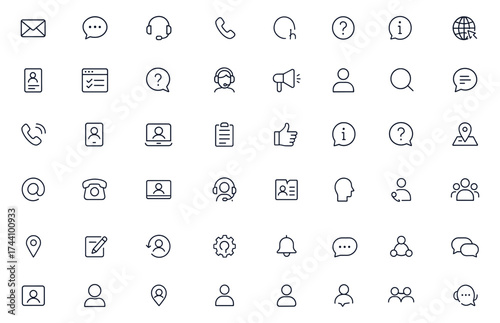 Customer support and service contact icons set, communication symbols for business inquiry, email, call, chat, operator, FAQ help, online assistance, webpage feedback, client interaction, vector 