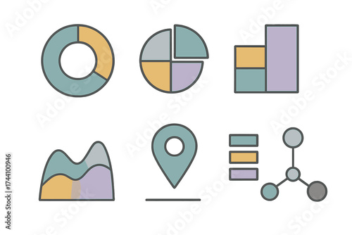 Abstract business data visualization icons and chart elements set