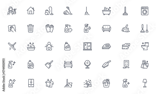 Home cleaning and housekeeping icons set, editable hygiene vector for vacuum, washer, spray, detergent, kitchen, bathroom, furniture, mop, broom, garbage bin, apron, antiseptic, disinfect