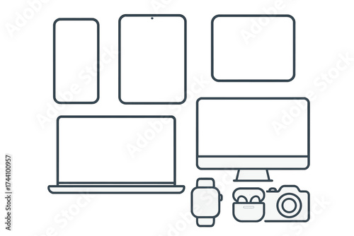 Outline icons of modern electronic devices: smartphone, tablet, laptop, monitor, and accessories