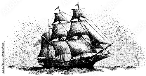 Vintage sailing ship dotwork design for nautical posters and prints