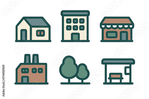Collection of urban and suburban building and nature elements for city planning