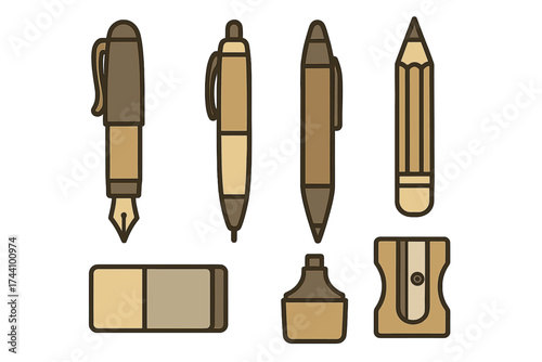 Brown toned icons representing various writing and drawing instruments