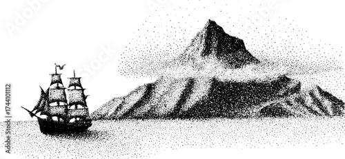 Intricate dotwork stipple illustration of a sailing ship navigating serene waters