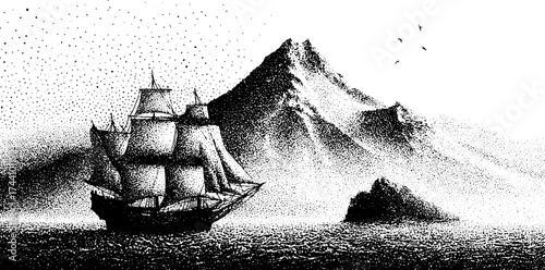 Vintage stipple illustration of ship sailing by mountains for nautical design