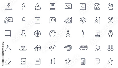 School and education icon set, editable vector illustration for students, teachers, classroom, study, learning, graduation, stationery, timetable, exam, college, art, music, sport, online training