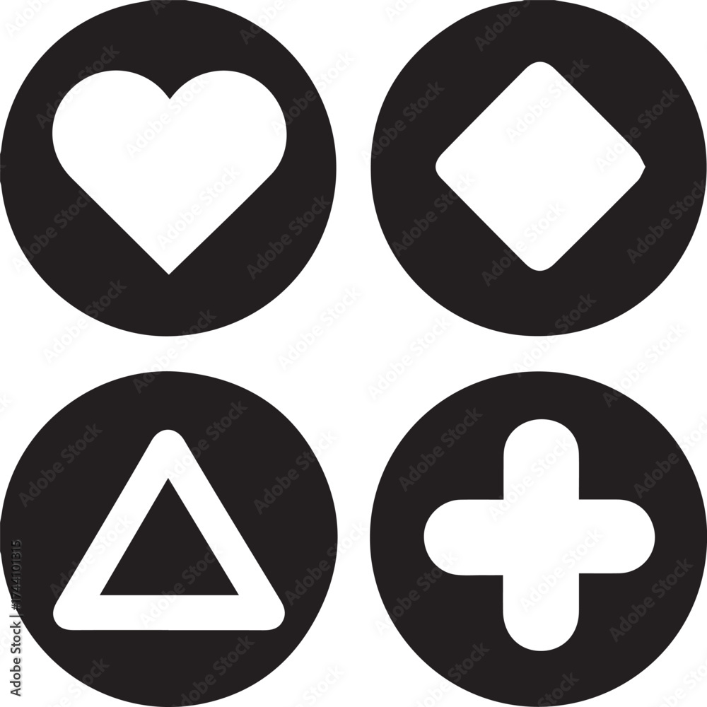 Obraz premium Four classic video game controller buttons on black circles