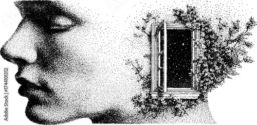 Surreal dotwork silhouette with open window conceptual art illustration