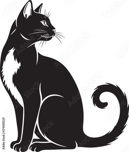 Black cat sitting on a white background. Black and white vector illustration.