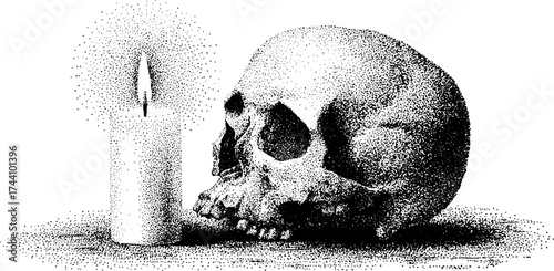 Intricate dotwork stippling art of candle and skull for halloween decor or tattoo design