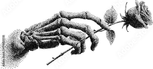 Intricate stipple art of skeletal hand holding a rose in dotwork style