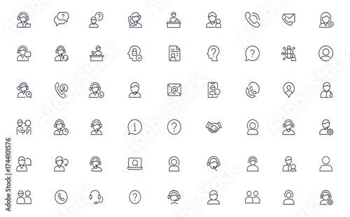 Customer support and service icon set for call center, online chat, helpdesk, communication, client assistance, operator, inquiry, reception, FAQ, connection, teamwork, vector illustration