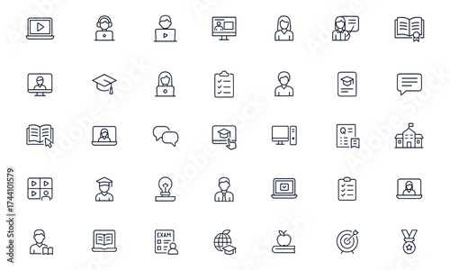 E-learning and online education icon set for study, remote training, digital classroom, computer tutorial, teacher, student, graduation, qualification, video course, chat, school, exam, webinar