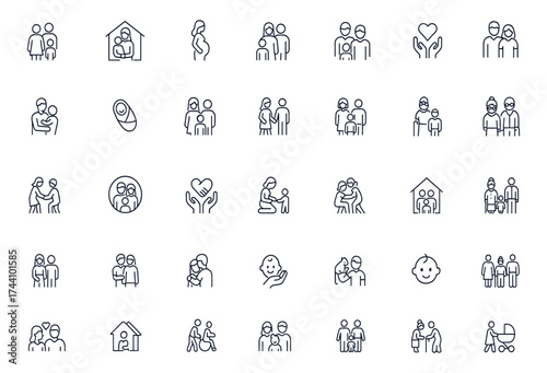Family line icons vector illustration with editable stroke, showing parents, children, pregnant woman, elderly, love, care, unity, home, relationships, support, and generations together, family