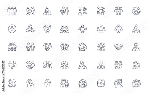 Teamwork collaboration icon set, vector illustration of partnership, communication, cooperation, and business networking with editable stroke, symbolizing unity, support, planning, success, leadership