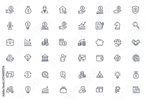 Investment icons set for finance, money, business growth, investor, property, profit, market strategy, bank contract, management, income, payment, and economic analysis, vector illustration, wealth