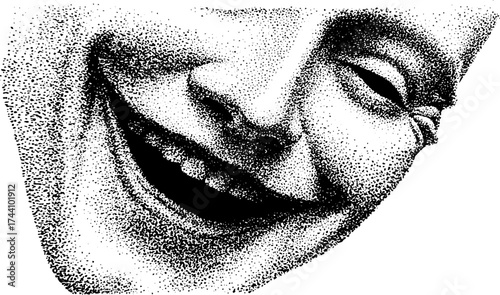 Intricate dotwork stippling art of smiling mask for creative design and decoration
