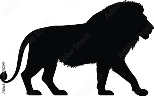 Black silhouette icon of walking male lion with prominent mane and curved tail for wildlife, nature, strength, or logo design