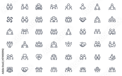 Community line icon collection, editable vector illustration featuring teamwork, communication, partnership, cooperation, meeting, relationship, handshake, group, family, unity, social connection