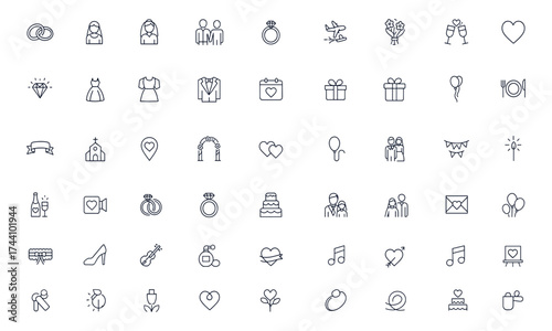 Wedding icon set, editable vector illustration featuring bride, groom, couple, engagement ring, bouquet, tuxedo, diamond, celebration, gift, heart, camera, ribbon, honeymoon, and more, romantic