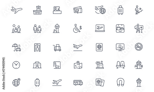 Airport travel vector icon set, airplane, ticket, boarding, passport, baggage, aerodrome, taxi, control tower, family vacation, flight journey, terminal, tourism, transportation, destination, holiday 