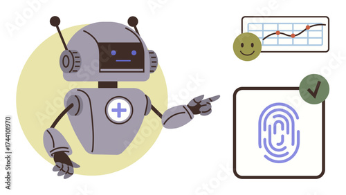 Robot pointing to fingerprint authentication and data graph with positive feedback. Ideal for technology, AI, automation, biometrics, security, data analysis, futuristic concepts. Simple flat