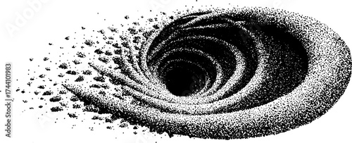 Detailed dotwork stippling illustration of a spiral fractal pattern for artistic design