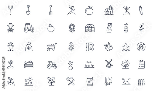 Farming and agriculture vector icons set, editable stroke line art showing farmer, tractor, crops, barn, tools, irrigation, greenhouse, and harvest elements, organic growth, sustainable farm life