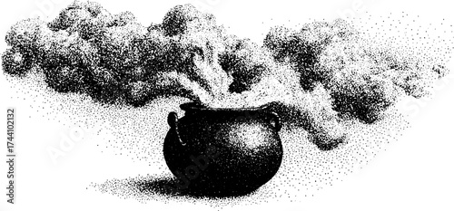Mystical cauldron with steaming smoke in detailed dotwork stippling illustration