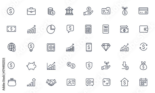 Finance and business icon set, including money, banking, investment, savings, credit card, currency, trade, tax, cash, consultation, chart, exchange, purse, piggybank, and more, vector illustration