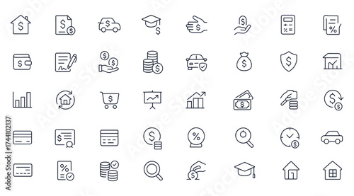 Finance and loan vector icons set, clean editable line set for mortgage, housing, car, and education themes, perfect for banking, payment, credit, investment, business, cashflow, and budget