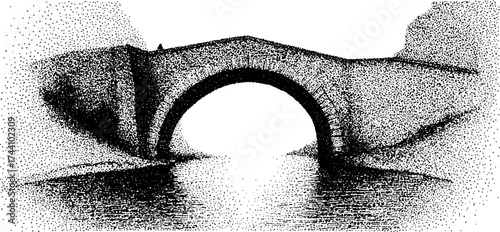 Vintage dotwork illustration of stone bridge over water for artistic design and prints