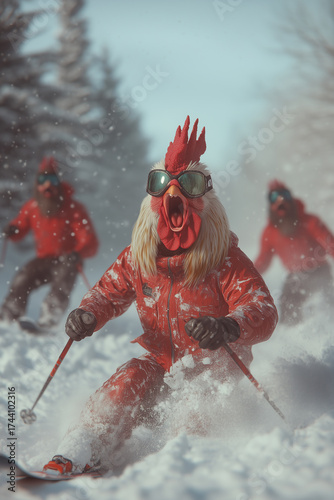 skier on a ski slope. Cartoon rooster skiing through fresh powder, enjoying winter vacation and outdoor adventure.