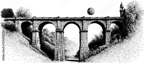 Intricate dotwork stippling illustration of a historic stone bridge
