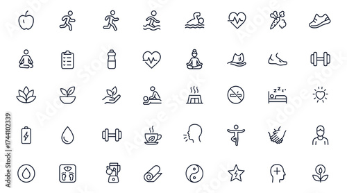 Healthy lifestyle and fitness icon set with yoga, jogging, swimming, diet, exercise, wellness, herbal tea, massage, sauna, no smoking, sleep, training, relaxation, meditation, balance, and vitality