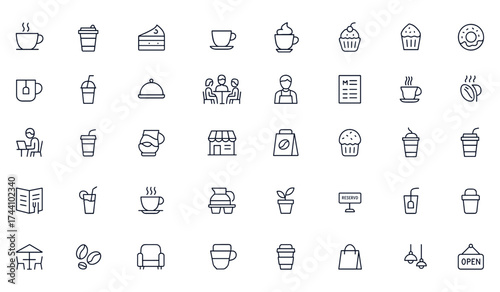 Cafe line icon set with editable coffee, tea, espresso, cappuccino, cake, donut, cupcake, drink, mug, and bakery symbols for restaurant, eatery, business, menu, staff, meeting, study, breakfast