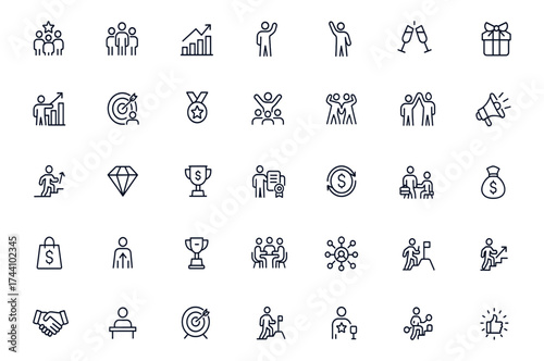 Business success icons set, teamwork and achievement vector set, career growth, cooperation, celebration, income, award, handshake, victory, corporate goal, employee motivation, finance concept