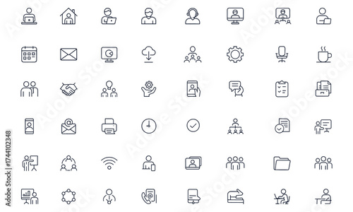 Remote work and business office icon set, editable vector illustration with freelance, teamwork, meeting, laptop, communication, schedule, coffee, staff, and workspace symbols, corporate productivity